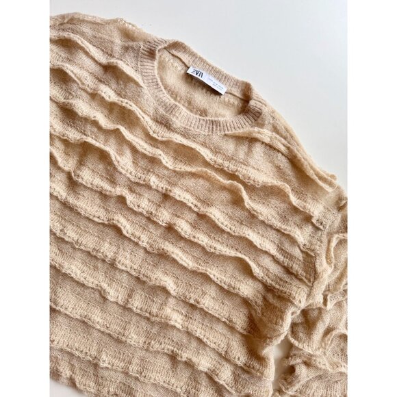 ZARA Beige Tan Acrylic Wool Alpaca Knit Ruffle Trim Bell Sleeve Sweater, Size M - Picture 6 of 16